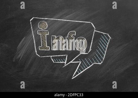 Info speech bubble drawn in chalk on a blackboard. Info center, information support, customer support. FAQ concept. Stock Photo