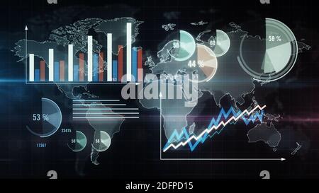 Charts and graph on world map on red background. Abstract concept of economy, statistics, analyzing, crisis, global business and finance. Elements ill Stock Photo