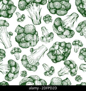 Broccoli Green Outline colorful fresh Vegetable Seamless Pattern, isolated on white. Stock Vector