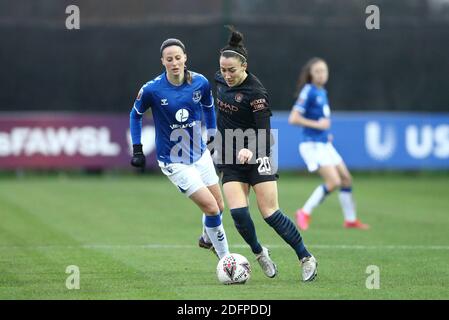 Liverpool, UK. 06th Dec, 2020. Lucy Bronze of Manchester City shields the ball from Nicoline Sorensen of Everton. Barclays Women's super league match, Everton Women v Manchester City Women at Walton Hall Park in Liverpool on Sunday 6th December 2020. this image may only be used for Editorial purposes. Editorial use only, license required for commercial use. No use in betting, games or a single club/league/player publications.pic by Chris Stading/Andrew Orchard sports photography/Alamy Live News Credit: Andrew Orchard sports photography/Alamy Live News Stock Photo