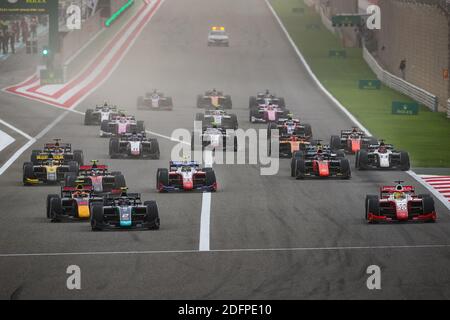 start of the sprint race 02 Ticktum Daniel (gbr), Dams, Dallara F2 2018, 08 Daruvala Jehan (ind), Carlin, Dallara F2 2018, 20 Schumacher Mick (ger), Prema Racing, Dallara F2 2018, action during the 12th round of the 2020 FIA Formula 2 Championship from December 4 to 6, 2020 on the Bahrain International Circuit, in Sakhir, Bahrain - Photo Antonin Vincent / DPPI / LM Stock Photo