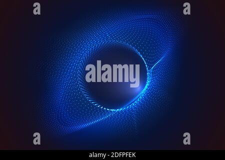 Glowing circles from dots with depth of field effect. Black hole, sphere, circle. Music, science, technology particles background. Stock Vector