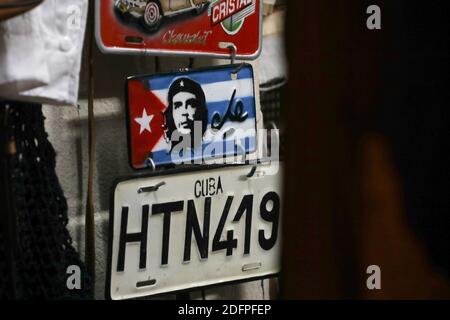 Traditional handcrafted vehicle registration plates like souvenirs for sale in La Havana, Cuba. Stock Photo