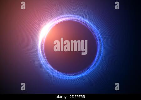 Glowing circles from dots with depth of field effect. Black hole, sphere, circle. Music, science, technology particles background. Stock Vector