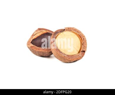 Split macadamia nut isolated on white background Stock Photo