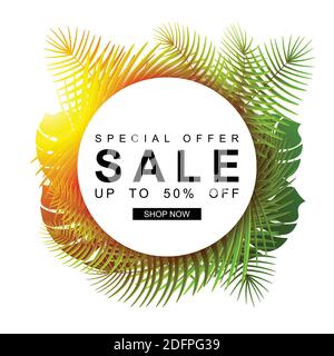 Vector tropical green leaves with circle frame for text. Floral background with exotic palm leaves. Summer sale banner. Stock Vector