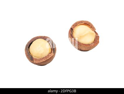 Two split macadamia nut halves isolated on a white background Stock Photo