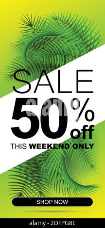 Instagram stories sale banner template. Tropical summer sale background with palm leaves. Vertical orientation. Stock Vector