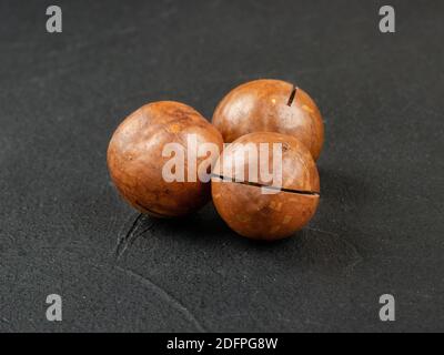 Three macadamia nuts on a dark concrete background Stock Photo