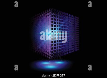 Perspective 3D wireframe cube. Geometric cube from small pieces. Vector ilustration. Stock Vector