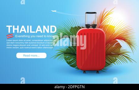 Vacation vector banner. Summer holiday web banner. Red suitcase with traveler accessories and coconut leaves. Stock Vector