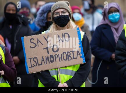 Bristol, UK. 6th Dec 2020. Anti- Islamophobia protesters march through Bristol city centre demanding more protection for Muslims. They condemned the French government’s actions towards Muslims and highlighted the case of Shukri Abdi who drowned in near Manchester, which they do not believe was an accident. Redorbital/Alamy Live News Stock Photo