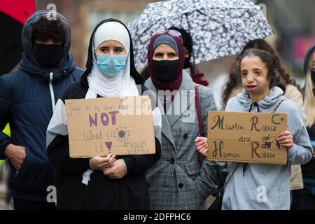 Bristol, UK. 6th Dec 2020. Anti- Islamophobia protesters march through Bristol city centre demanding more protection for Muslims. They condemned the French government’s actions towards Muslims and highlighted the case of Shukri Abdi who drowned in near Manchester, which they do not believe was an accident. Redorbital/Alamy Live News Stock Photo