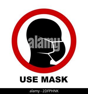 Wear face mask blue sign. Silhouette of head with medical mask on face in red circle. Vector Illustration. Stock Vector