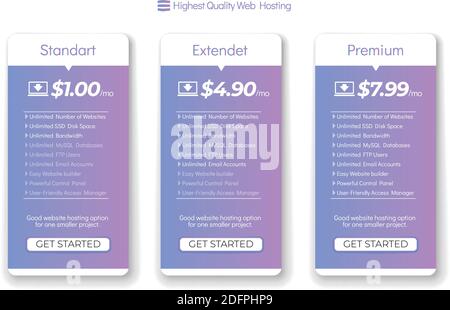 Web Hosting Boxes. Hosting plans for website. Three tariffs. Stock Vector