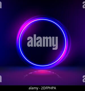 Vector neon gloving ring in dark room. Round light frame for text. Dark abstract furistic background with circle gate. Portal to another universe. Stock Vector