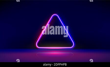 Round corner neon glowing triangle with reflections on the floor. Modern neon lights psychedelic background with place for text. Vector Illustration. Stock Vector