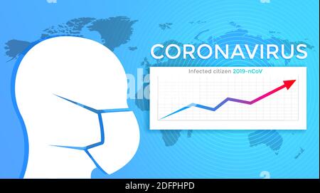 Head with protective mask next to graph showing infection growth on world map background. Coronavirus 2019 nCoV infection illustration. Stock Vector