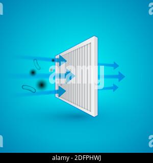 Air filter effect. Antibacterial, dust, solid particle filtration and ventilation technology example illustration. Stock Vector