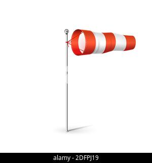 Airport Wind sock 3D realistic vector illustration. Red and white Wind flag showing wind direction and speed. Isolated on white. Stock Vector