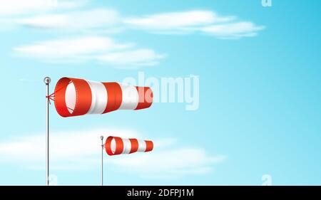 Windsock on the blue sky. Red and white airport wind flag showing wind direction and speed. Realistic vector illustration. Stock Vector