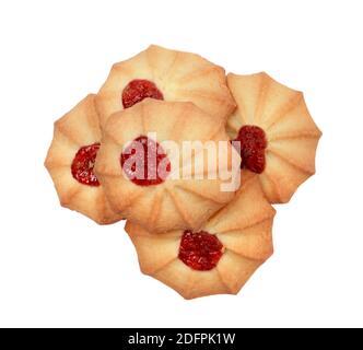 Heap of cookies with red jam isolated on white. Top view. Stock Photo