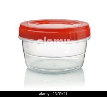 Round plastic food container with red lid isolated on white. Stock Photo