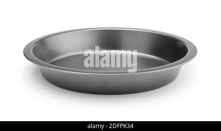 Round metal baking dish non-stick isolated on white. Stock Photo
