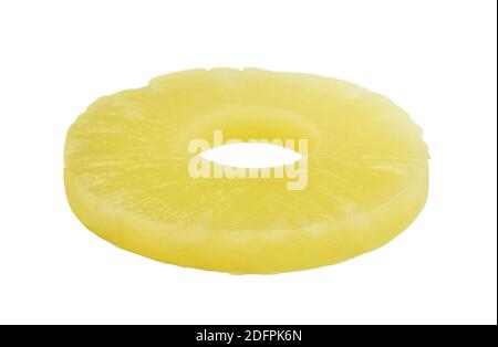 Ripe tinned pineapple ring isolated on white. Side view. Stock Photo