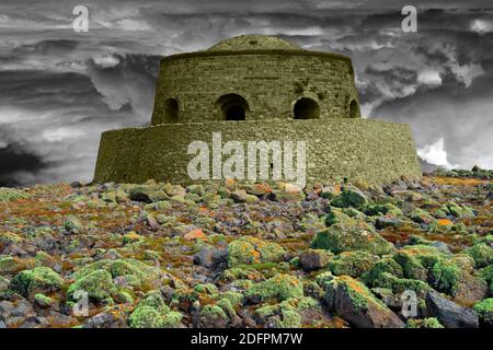 Shown here is a fantasy image of an alien watchtower on a strange planet. Stock Photo