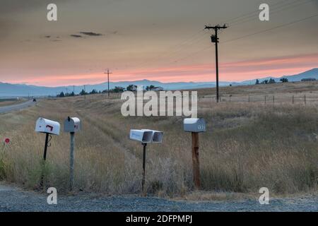Mailboxes beside road, Boulder Mountains, Whitehall, Montana, USA Stock Photo