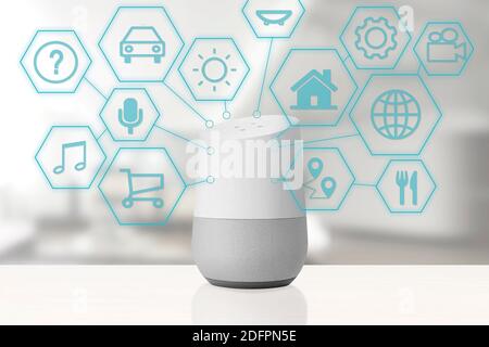 Intelligent speaker device Googe Home in a smart home with some icons representing different cloud services and skills. Empty copy space for Editor's Stock Photo