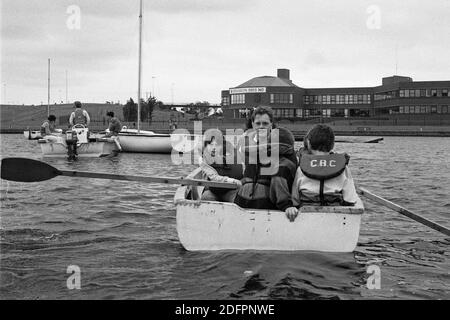boating with Graigavon Says No banner in the background, July 03, 1986, Graigavon, County Armagh, Northern Ireland Stock Photo