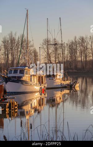 Winter sunset on commercial fishing vessels docked in Steveston Harbour British Columbia Canada Stock Photo
