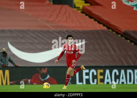 Liverpool, UK. 06th Dec, 2020. Curtis Jones of Liverpool in action. Premier League match, Liverpool v Wolverhampton Wanderers at Anfield Stadium in Liverpool, England on Sunday 6th December 2020. this image may only be used for Editorial purposes. Editorial use only, license required for commercial use. No use in betting, games or a single club/league/player publications.pic by Chris Stading/Andrew Orchard sports photography/Alamy Live News Credit: Andrew Orchard sports photography/Alamy Live News Stock Photo