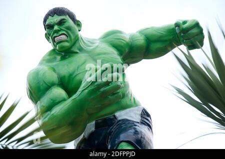 Figure of Marvel Comics Superhero character The Incredible Hulk, created by Joe Simon and Jack Kirby. Displayed in a suburban front garden. Weymouth. Stock Photo