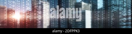 Digital city binary code. Matrix Mixed Media Background Stock Photo