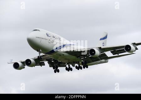 El Al Israel Airlines Boeing 747 Jumbo jet airliner plane 4X-ELB on approach to land at London Heathrow Airport, UK. Named Haifa. Israeli airline Stock Photo