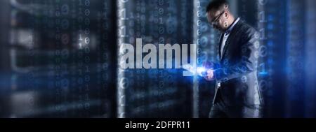 Big data statistics and business analytics concept. Binary code Information on virtual screen and data center background Stock Photo