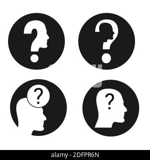 Set of male head silhouettes with question mark. Vector flat illustration. Stock Vector
