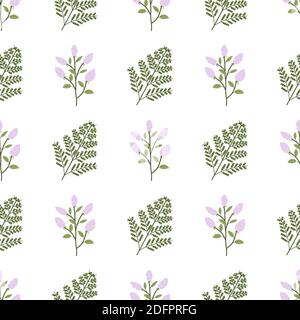 Jungle foliage seamless pattern with fern leaf and lilac flower. Exotic vector forest wallpaper. Stock Vector