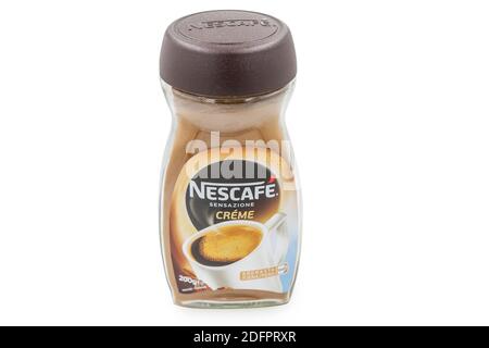 PULA, CROATIA - NOVEMBER 28, 2020: Jar of Nescafe sensazione creme 200 gr. The brand of instant coffee made by Nestle. Stock Photo