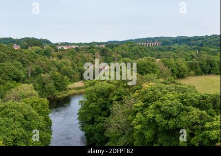 Traphont Cefn Mawr Rail Viaduct across the River Dee in the Vale of Llangollen in northeast Wales. As seen from the Pontcysyllte Aqueduct. Stock Photo