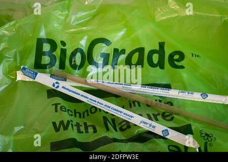 Biodegradable straws made from Jose Cuervo Agave with a BioGrade trash bag, USA Stock Photo