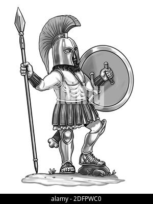 Greek hoplite with spear for coloring. Template for children. Stock Photo