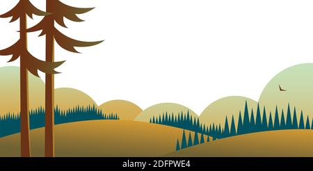Landscape with pine trees, forests and fields. In the background sky and clouds. Beautiful wildlife. Vector illustration. Stock Vector