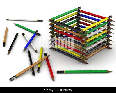 Box made from colorful pencils. Empty box made from colorful pencils on white background. 3D Illustration Stock Photo