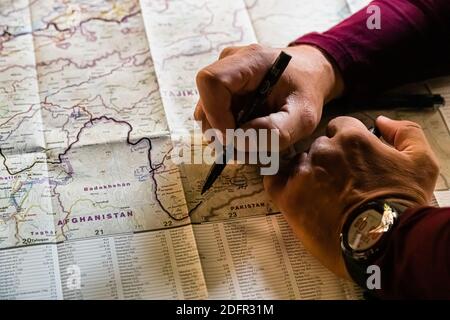 Silk Road on Map at Pish, Tajikistan Stock Photo