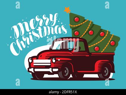 Christmas Truck with Fir Tree. Holiday greeting card vector illustration Stock Vector