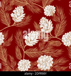 Fir cones pattern background and pinecone seamless vector design. Pine tree branches, spruces and cones pattern, white on brown background, illustration print for textile or wallpaper tile Stock Vector